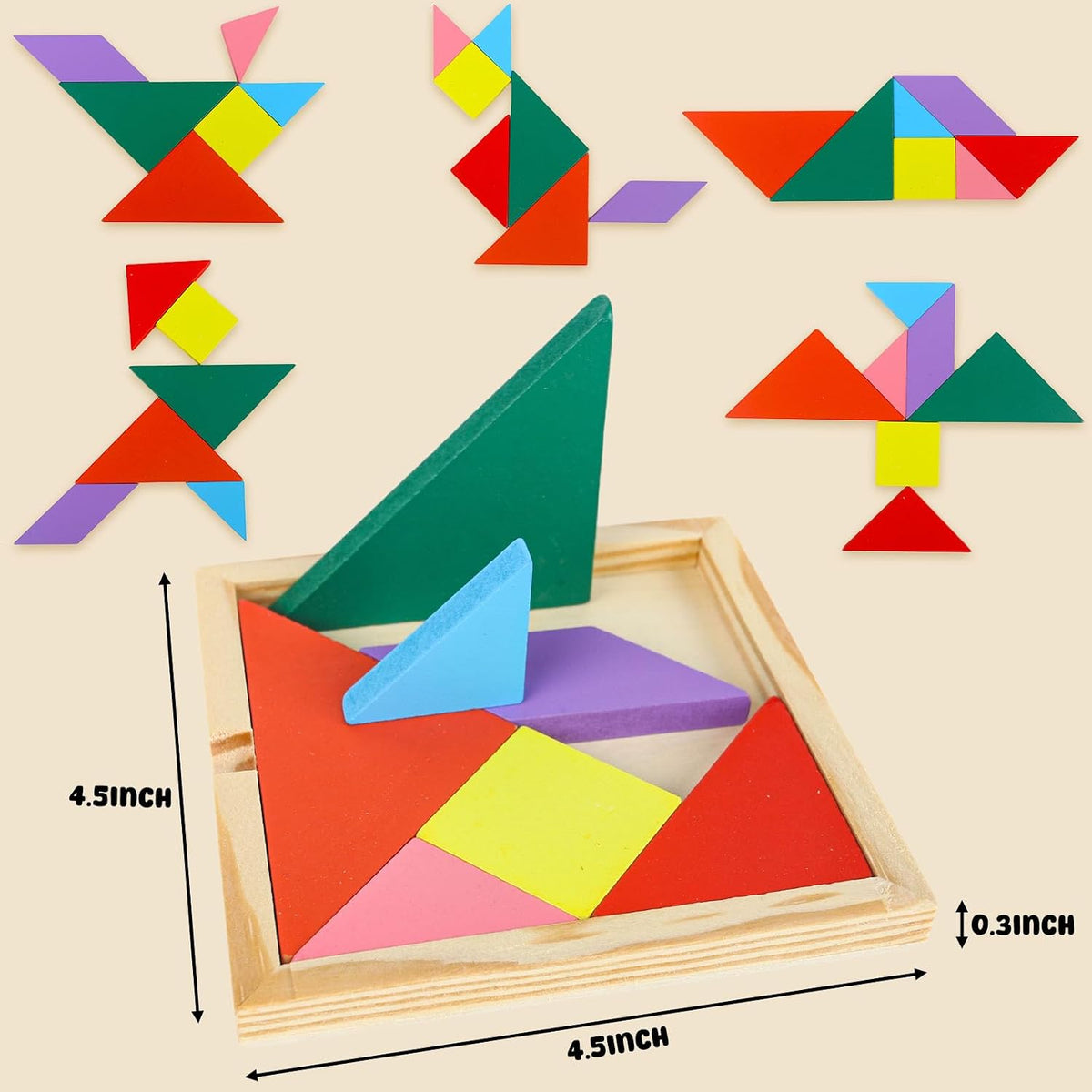 Tangram Puzzle, Wooden, 4PCS