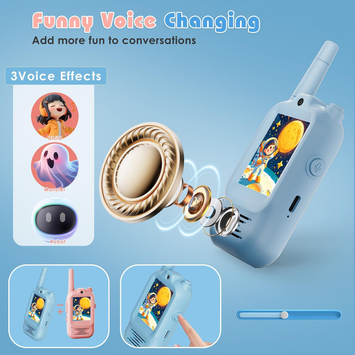 Video Walkie Talkies for Kids Rechargeable, 2 Pack Camera with Screen, Long Range Voice Changer Intercom Toys for Boys Girls 3-12, Outdoor Camping Hiking Christmas Birthday Gifts (Blue+Pink)