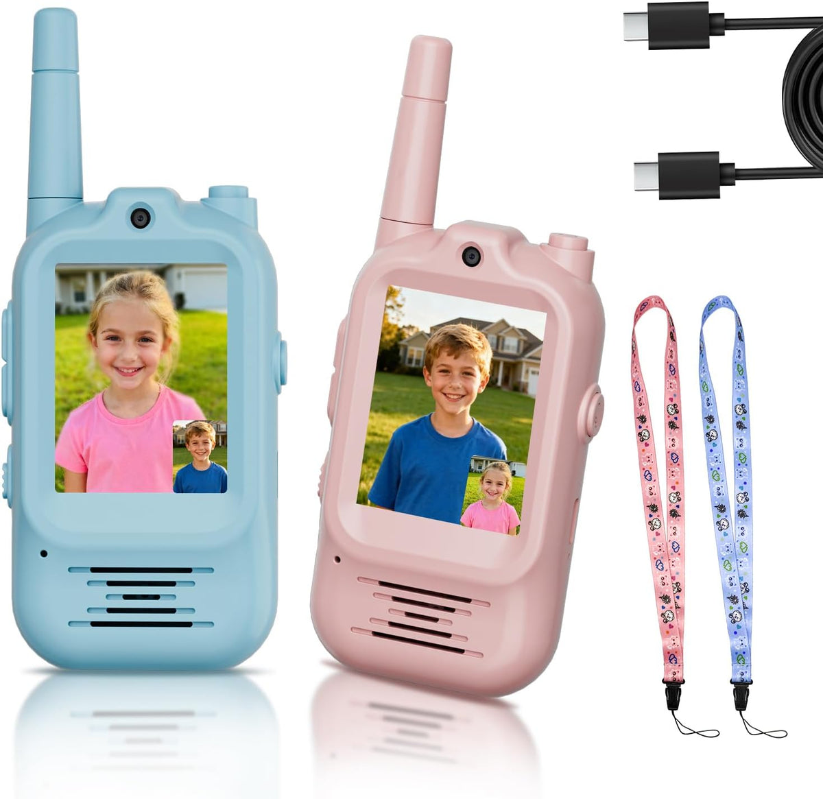 Video Walkie Talkies for Kids Rechargeable, 2 Pack Camera with Screen, Long Range Voice Changer Intercom Toys for Boys Girls 3-12, Outdoor Camping Hiking Christmas Birthday Gifts (Blue+Pink)