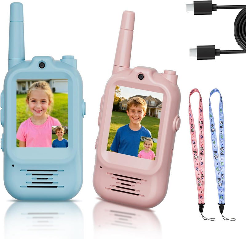 Video Walkie Talkies for Kids Rechargeable, 2 Pack Camera with Screen, Long Range Voice Changer Intercom Toys for Boys Girls 3-12, Outdoor Camping Hiking Christmas Birthday Gifts (Blue+Pink)