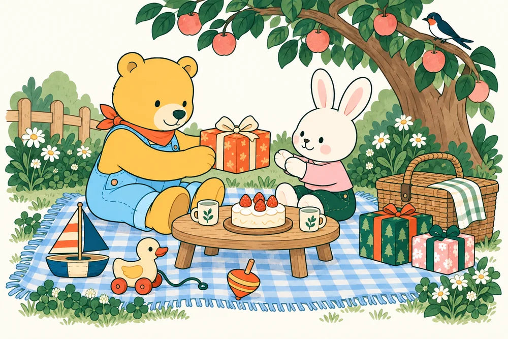 Our bear and rabbit sharing a gift in their storybook garden