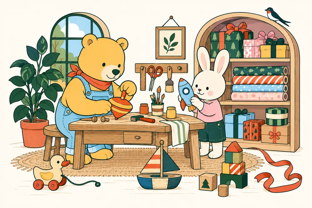 Our bear and rabbit creating gifts in their toy workshop